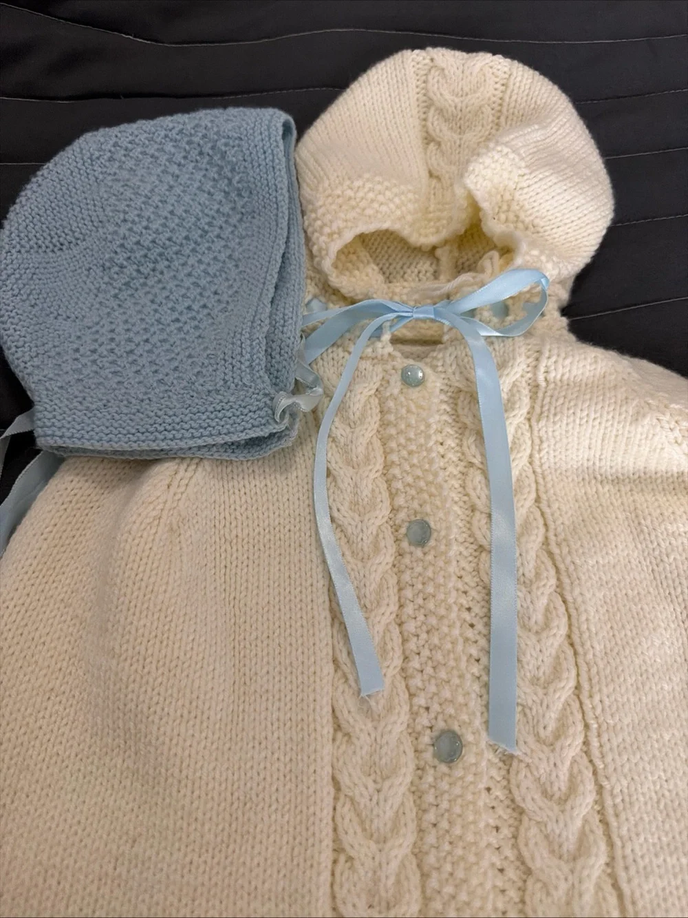 Cream Knit Hooded Baby Snuggler with Light Blue Accents